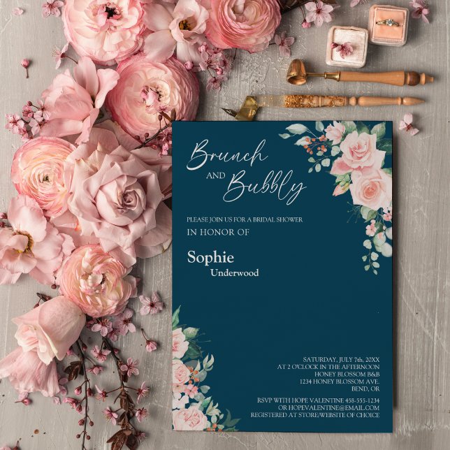 Invitation Blush Floral Marine Bridal Brunch Et Bubbly (Créateur téléchargé)