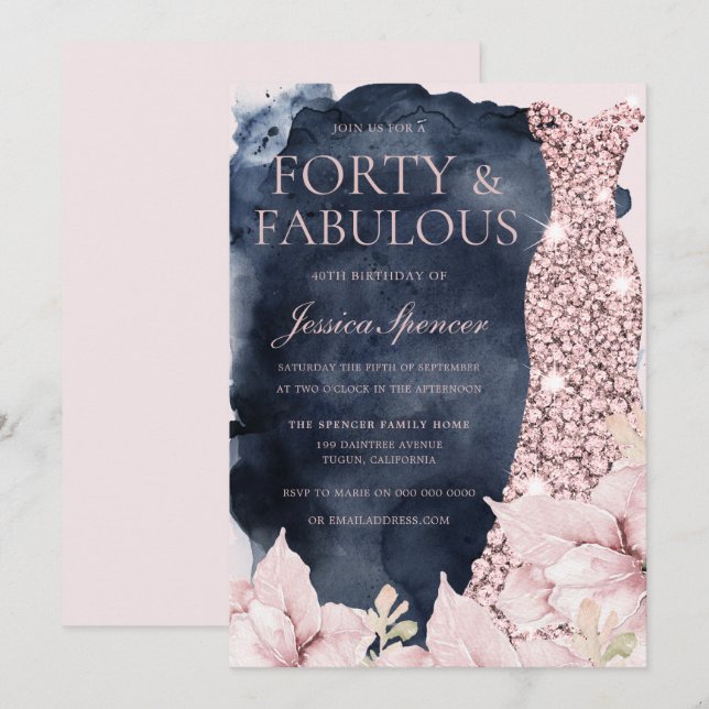 Invitation Blush Floral Navy Splash Gown 40th Birthday Party (Devant / Derrière)