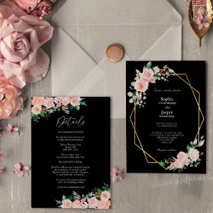Invitation Blush Floral Noir Simple Tout en un Mariage