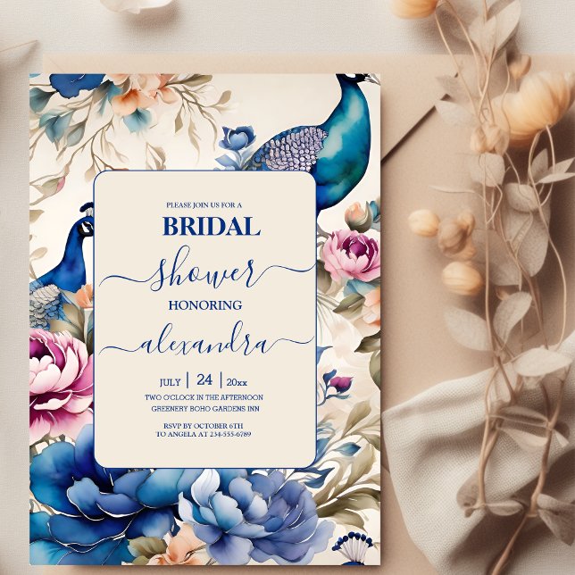 Invitation Blush Floral Peacock Chinoiserie Fête des mariées (Créateur téléchargé)