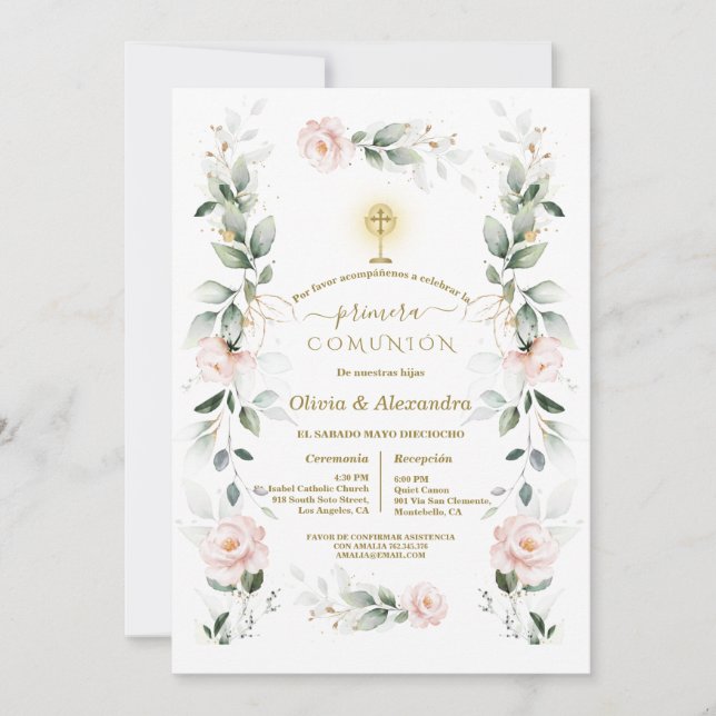 Invitation Blush Floral Primera Comunión Twins Holy Communion (Devant)