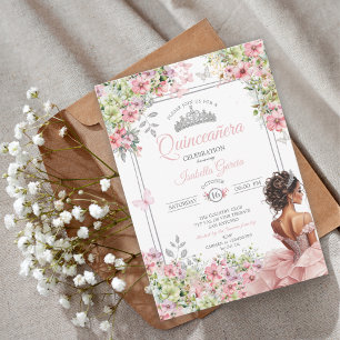 Invitation Blush Floral Rose et Papillon Vert Quinceañera