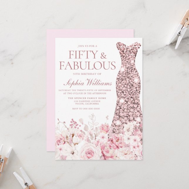 Invitation Blush Floral & Rose Gold robe 50e fête d'anniversa (Devant/Arrière en situation)