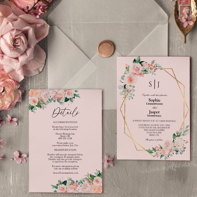 Invitation Blush Floral Rose Simple Monogramme Détails Mariag (Créateur téléchargé)