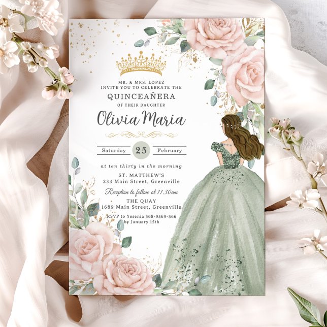 Invitation Blush Floral Sage Green Princesse Gown Quinceañera (pastel-soft-blush-pink-floral-roses-gold-sage-green-princess-dress-sweet-16-birthday-xv-invitation)