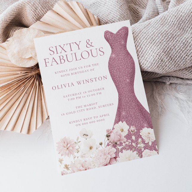 Invitation Blush Floral Soixante et fabuleuse robe d'annivers (Créateur téléchargé)