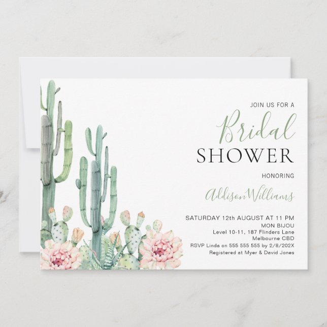 Invitation Blush Floral Succulents Cactus Fête des mariées (Devant)