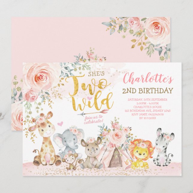 Invitation Blush Floral Tribal Safari Deux Wild 2e Anniversai (Devant / Derrière)