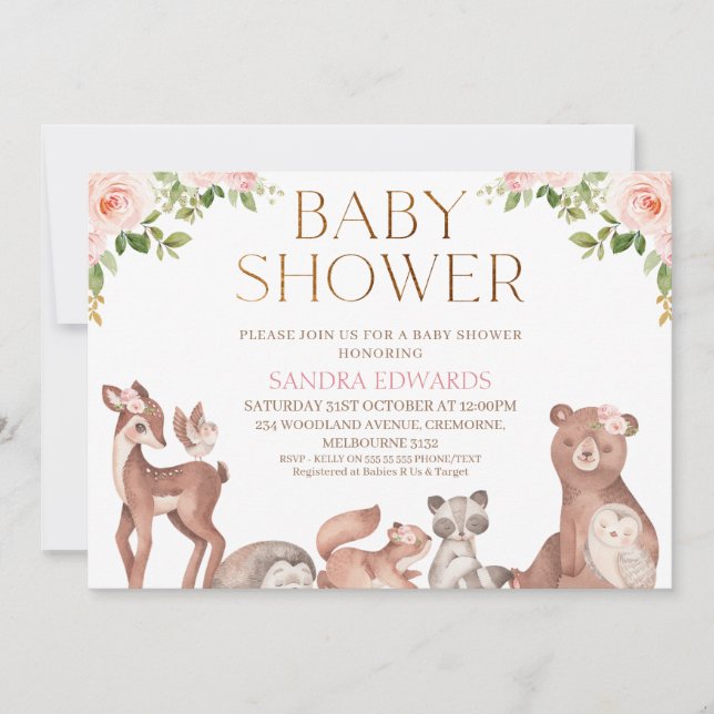 Invitation Blush Floral Woodland Animaux Baby shower (Devant)