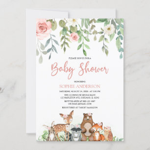 Invitation Blush Floral Woodland Animaux Fille Baby shower