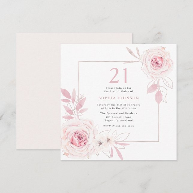Invitation Blush Floral Wreath 21e fête d'anniversaire (Devant / Derrière)