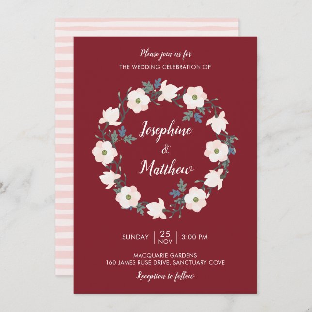 Invitation Blush Floral Wreath Bugundy Mariage (Devant / Derrière)