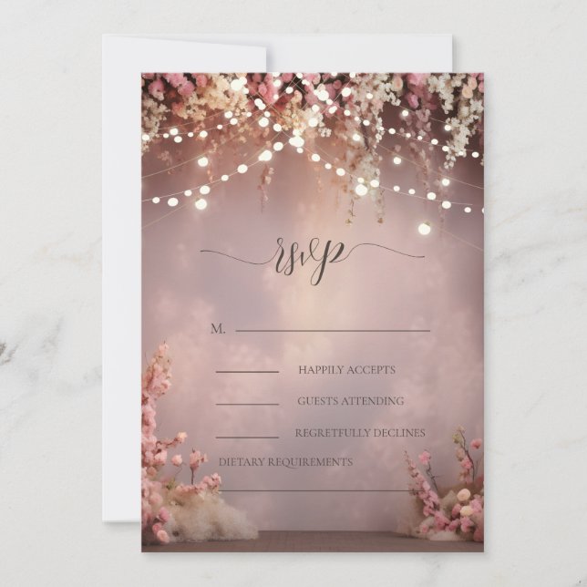 Invitation Blush Flowers String Lights Wedding RSVP   (Devant)