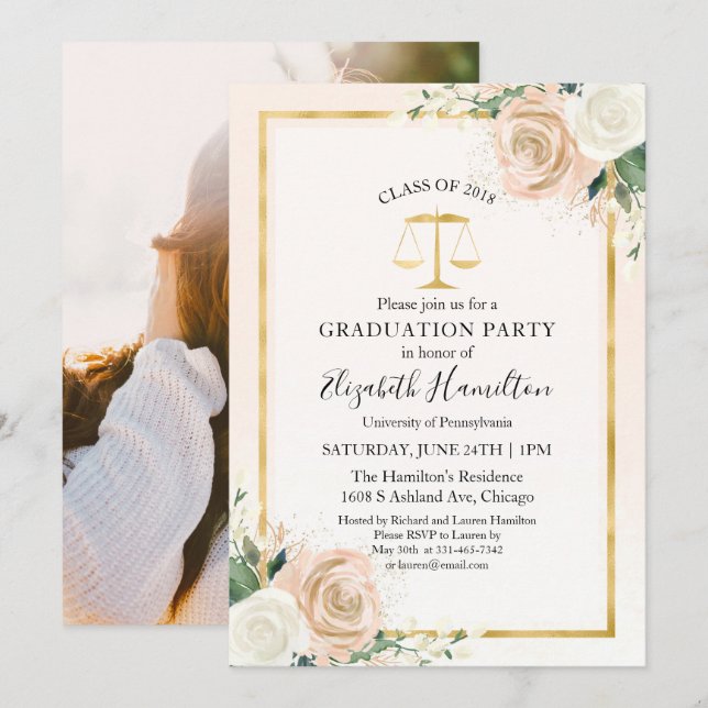 Invitation Blush & Foil Gold Law School Grad Party Photo (Devant / Derrière)