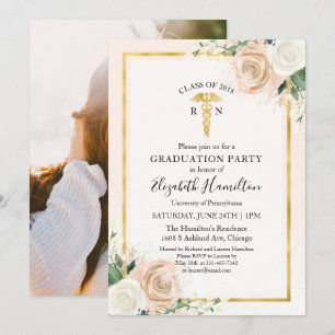Invitation Blush & Foil Gold Nuring School Grad Party Photo