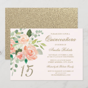 Invitation Blush Glitter Doré Fleur de Pêcher Quinceanera