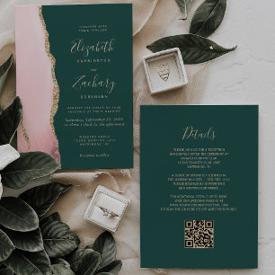 Invitation Blush Gold Agate Emerald Green QR Code Mariage