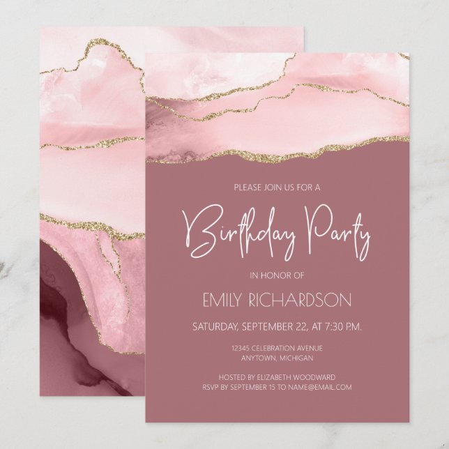 Invitation Blush Gold Agate Poussière Rose Anniversaire Toute (Devant / Derrière)