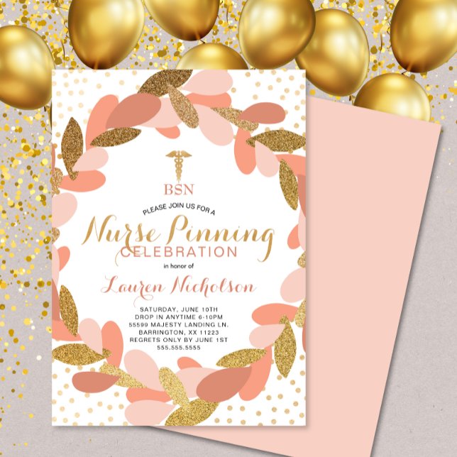 Invitation Blush Gold Confetti Nurse Pinning Graduation Party (Créateur téléchargé)