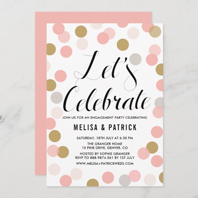 Invitation Blush & Gold Confetti Pois (Devant / Derrière)