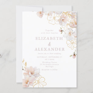 Invitation Blush & Gold Fleurs sauvages Mariage élégant