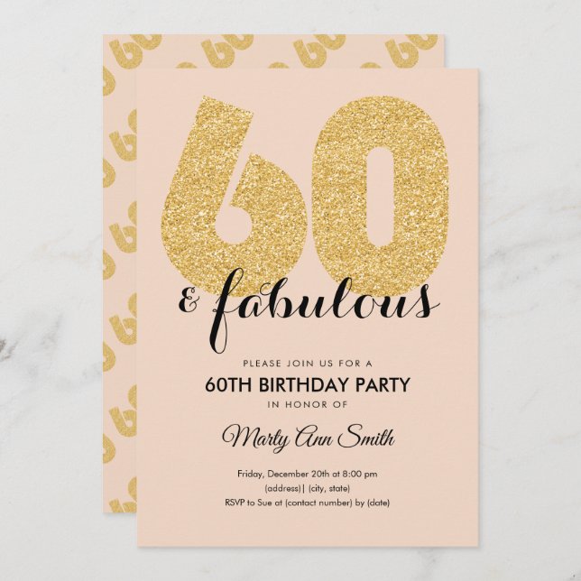 Invitation Blush Gold Parties scintillant 60 & Fabuleux fête  (Devant / Derrière)