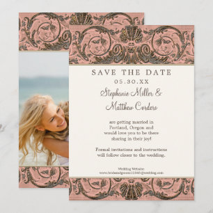 Invitation Blush Gold Vintage Orné Enregistrer la Date Photo 