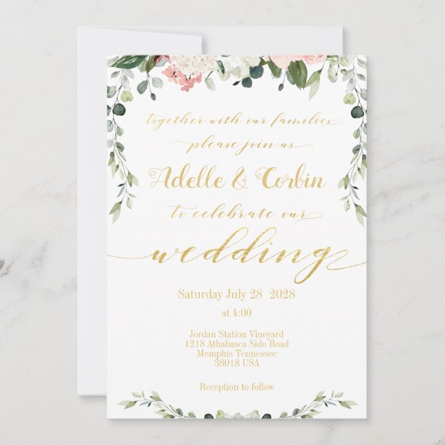 Invitation Blush Green & Gold Calligraphy Mariage d'écriture (Devant)