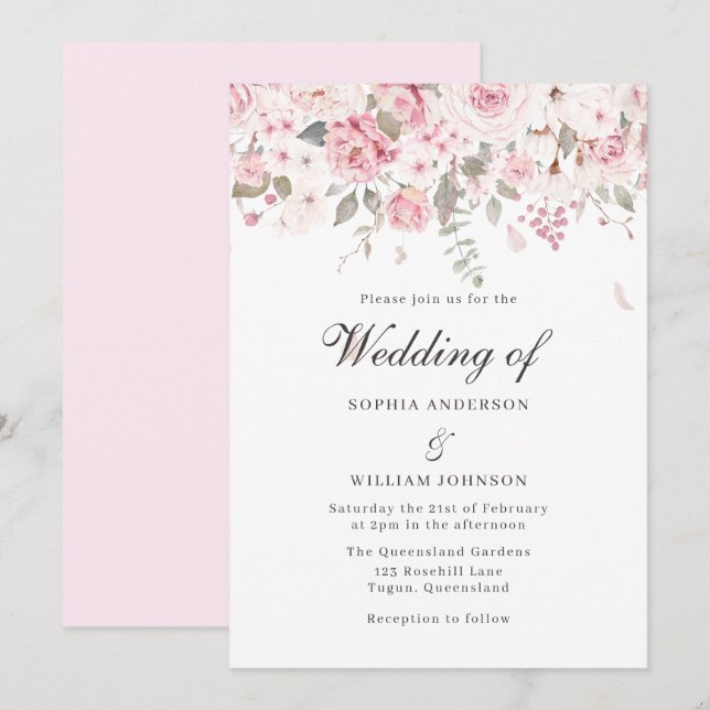 Invitation Blush & Grey Roses Élégant mariage d'hiver floral (Devant / Derrière)