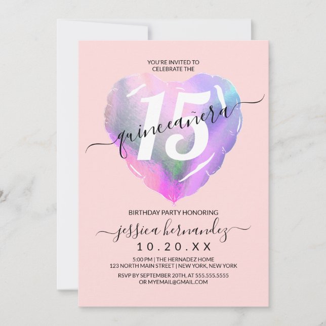 Invitation Blush Holographique Foil Coeur Balloon Quinceañera (Devant)