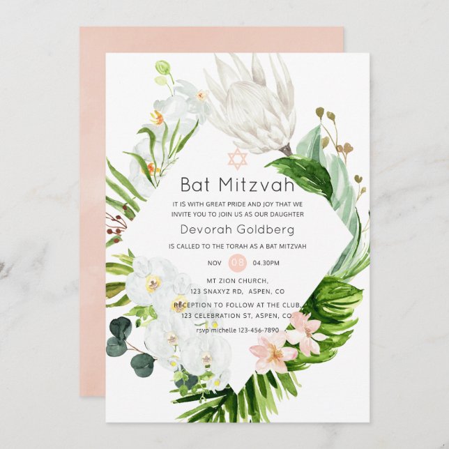 Invitation Blush Lush Paradise Bat mitzvah floral tropical (Devant / Derrière)