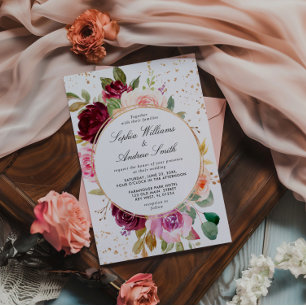 Invitation Blush Marsala Roses & Gold Dots Mariage