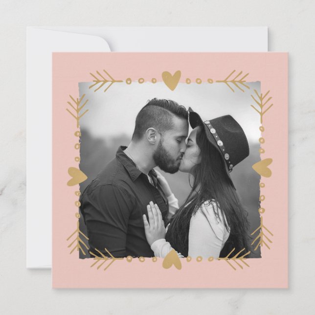 Invitation Blush Modern Photo Gold Hearts Mariage (Devant)