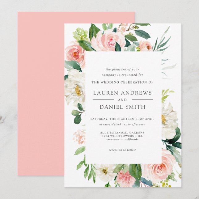 Invitation Blush moderne | Chic Botanique rose Mariage floral (Devant / Derrière)