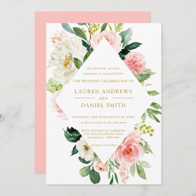 Invitation Blush moderne | Chic Diamond OR Floral Mariage (Devant / Derrière)