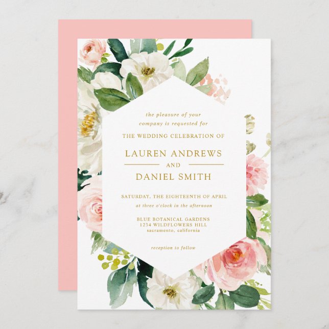 Invitation Blush moderne | Chic Mariage géométrique or floral (Devant / Derrière)