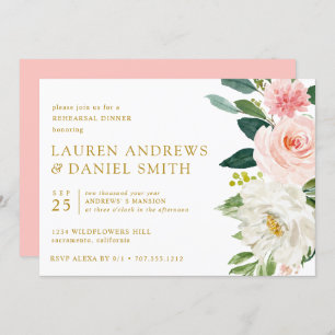 Invitation Blush moderne   Dîner de répétition d'or floral ch