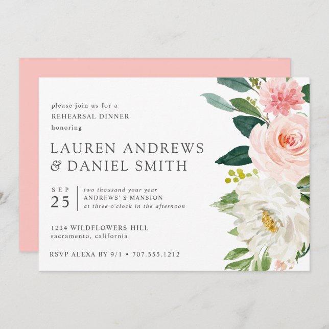 Invitation Blush moderne | Dîner de répétition rose floral ch (Devant / Derrière)