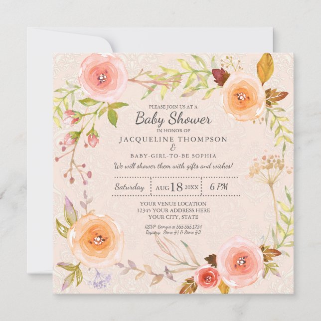 Invitation Blush n or Aquarelle Florale Damas Typographie (Devant)