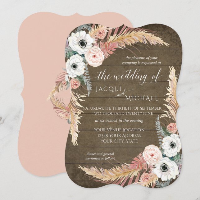 Invitation Blush n White Pampas Grass Floral Rusal Mariage (Devant / Derrière)