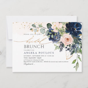 Invitation Blush Navy Blue Watercolor Fleurs Brunch nuptial