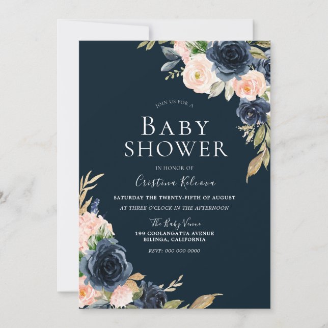 Invitation Blush & Navy Elegant Modern Boy Girl Baby shower (Devant)