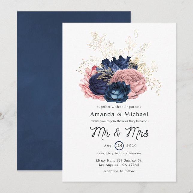 Invitation Blush, Navy et Gold Floral Mariage (Devant / Derrière)