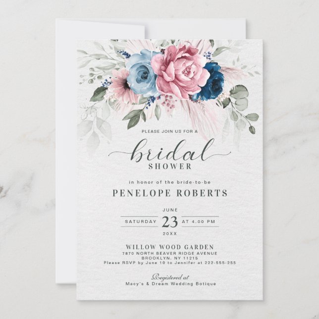 Invitation Blush Navy Fête des mariées bleu moelleux Pastel r (Devant)