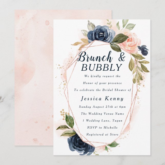 Invitation Blush Navy Fête des mariées géométrique Brunch & B (Devant / Derrière)