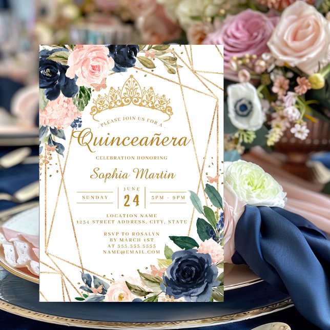 Invitation Blush Navy Floral Butterfly Quinceanera géométriqu (Créateur téléchargé)