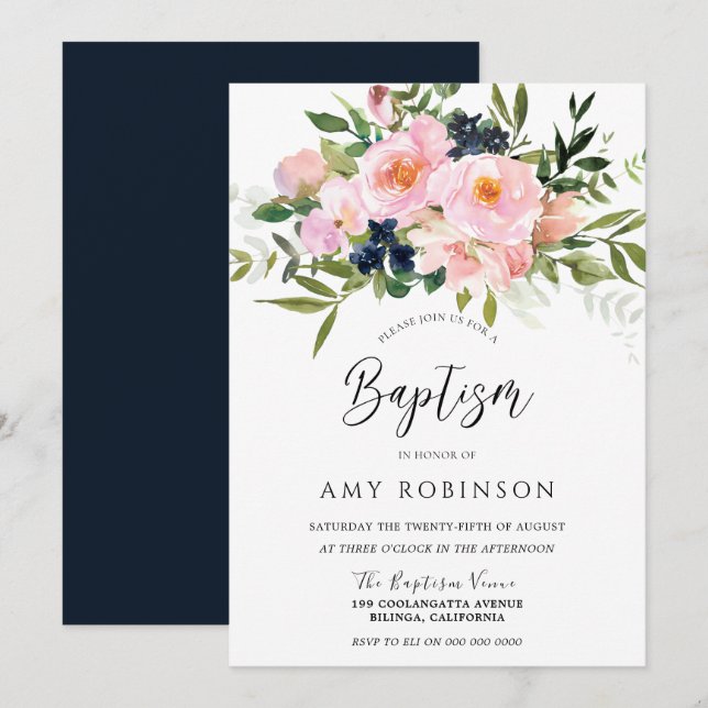 Invitation Blush & Navy Flowers Baby Girl or Boy Baptism (Devant / Derrière)