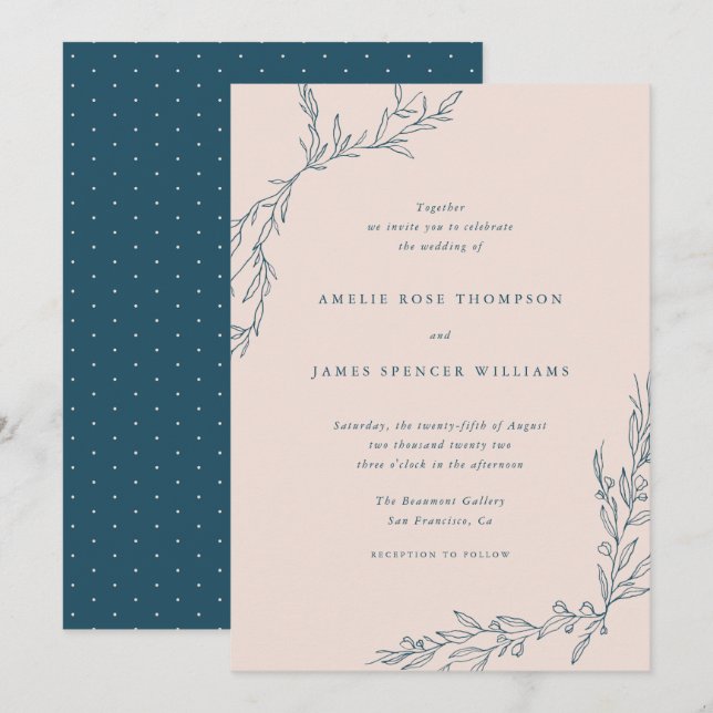 Invitation Blush & Navy Foliage dessiné à la main Mariage bot (Devant / Derrière)