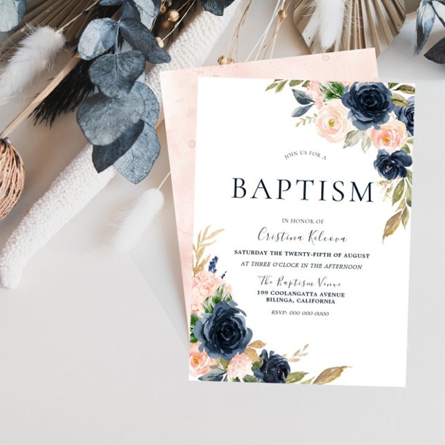 Invitation Blush & Navy Peach Flowers Baptême Christening (Créateur téléchargé)