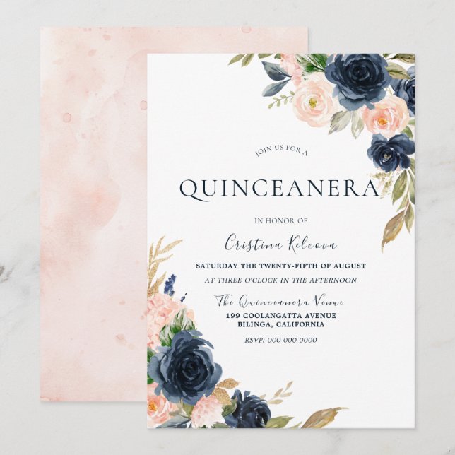 Invitation Blush & Navy Peach Flowers Quinceanera Party (Devant / Derrière)